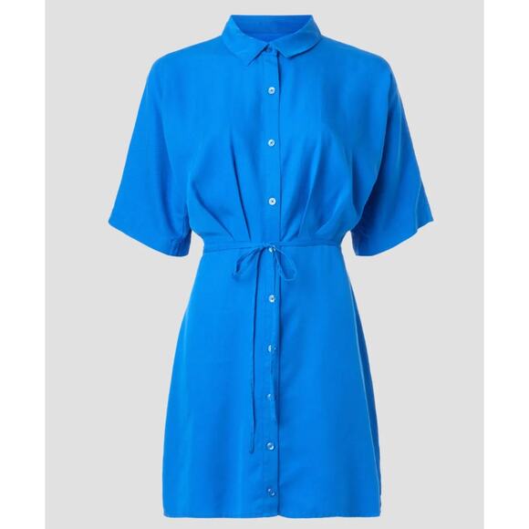 Thakoon Cerulean Blue Shirt Dress Size 12 Career Blouson Tie Waist Designer $310 - Picture 2 of 13